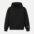 Premium 9dcc deadstock black luxury streetwear pullover hoodie featuring a clean minimalist layout with a tonal square logo patch near the pocket hemline.