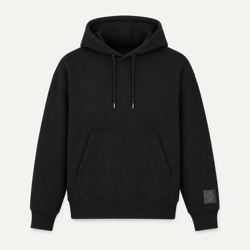 Premium 9dcc deadstock black luxury streetwear pullover hoodie featuring a clean minimalist layout with a tonal square logo patch near the pocket hemline.