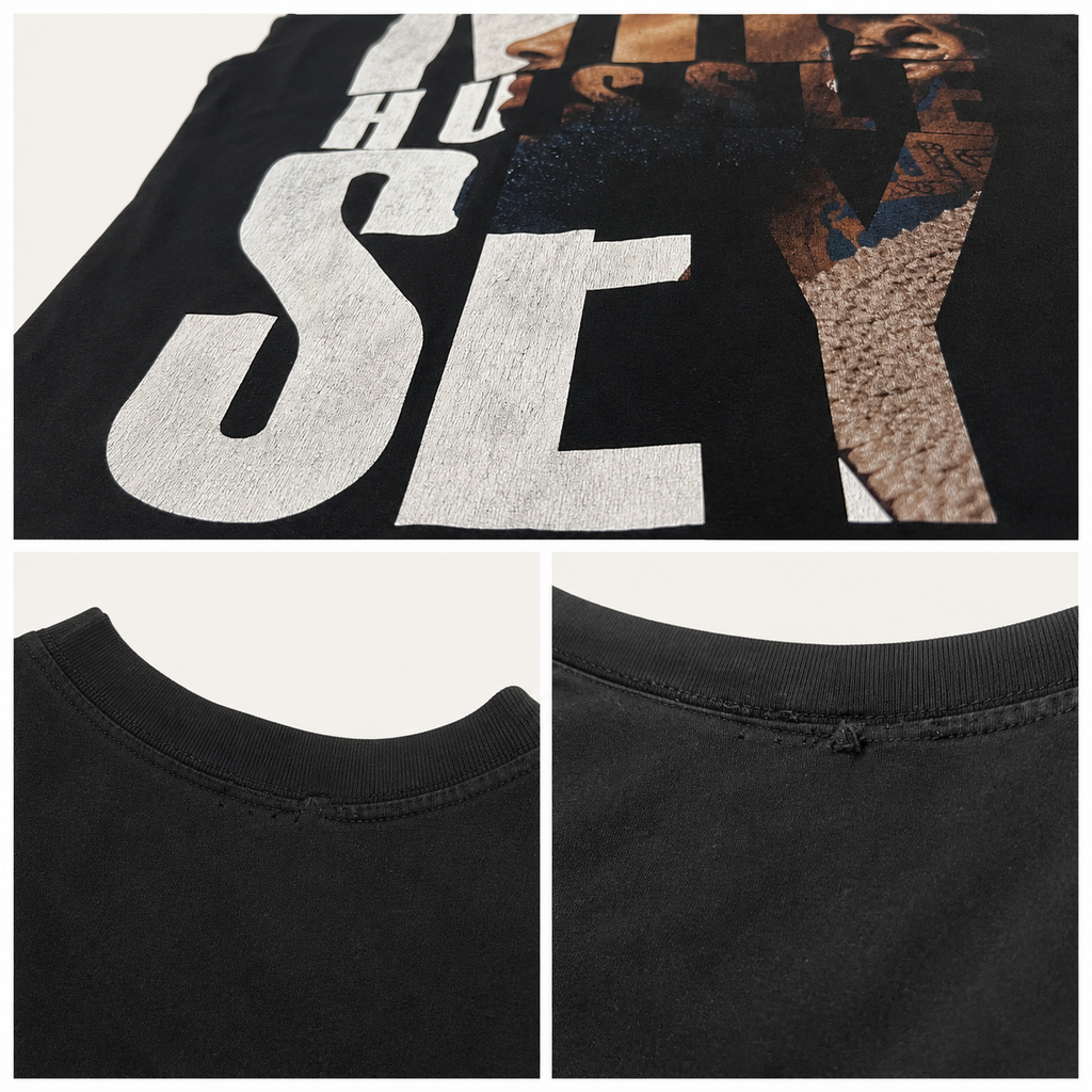 A black graphic T-shirt shown in a three-panel collage: a top close-up of the front print with large white letters and a brown-toned photographic print, plus two bottom panels showing the crew neck and back stitching.