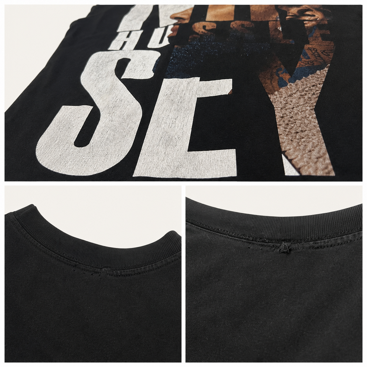 A black graphic T-shirt shown in a three-panel collage: a top close-up of the front print with large white letters and a brown-toned photographic print, plus two bottom panels showing the crew neck and back stitching.