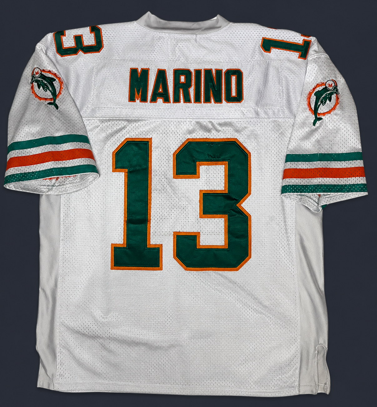 Back view of vintage Mitchell and Ness Dan Marino Miami Dolphins 1994 NFL 75th anniversary throwback football jersey in white