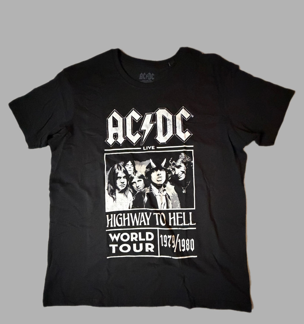 Front view of an official black AC/DC unisex graphic t-shirt featuring the band members print and text for Highway to Hell World Tour 1979 1980.