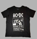 Front view of an official black AC/DC unisex graphic t-shirt featuring the band members print and text for Highway to Hell World Tour 1979 1980.