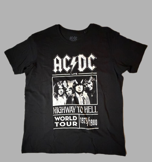 Front view of an official black AC/DC unisex graphic t-shirt featuring the band members print and text for Highway to Hell World Tour 1979 1980.