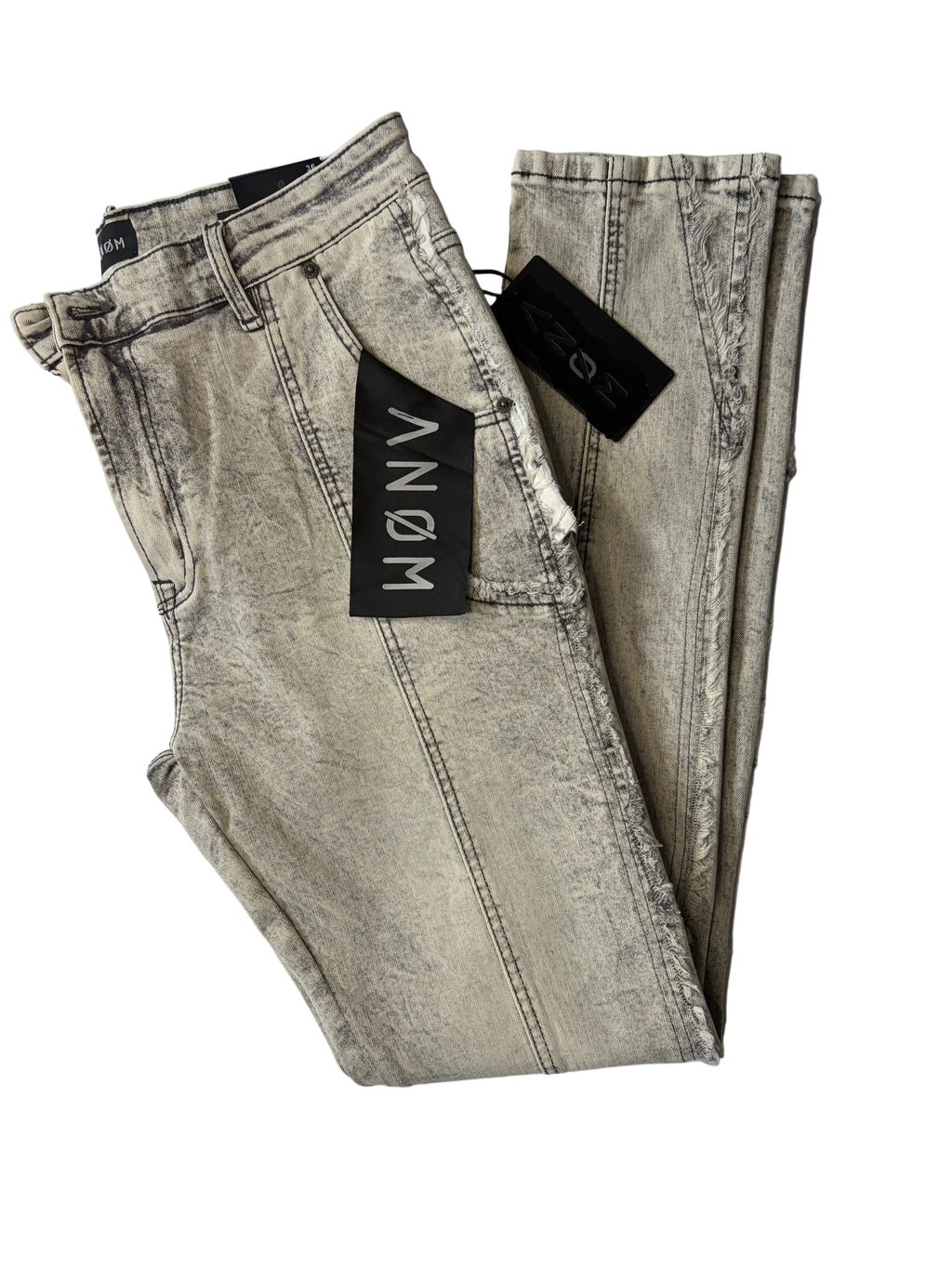Front layout of AMNÉ modern streetwear denim jeans in a textured grey acid wash. Showcases distinct center-leg panel seams, traditional front pockets, heavily marbled fabric textures, and original brand tags.