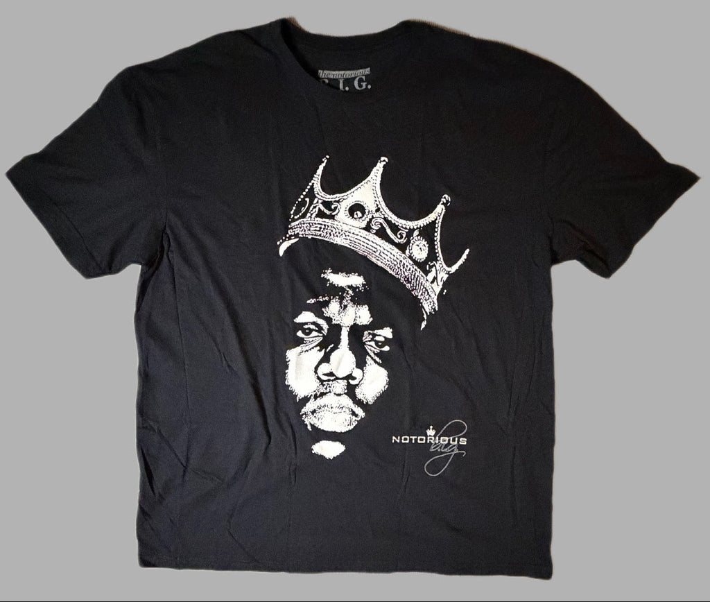 Front flat lay view of an official licensed black Biggie Smalls unisex graphic t-shirt featuring the iconic King of New York portrait of Christopher Wallace wearing a tilted crown.