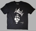 Front flat lay view of an official licensed black Biggie Smalls unisex graphic t-shirt featuring the iconic King of New York portrait of Christopher Wallace wearing a tilted crown.