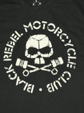Official Black Rebel Motorcycle Club black T-shirt featuring a high-contrast white circular logo with a skull and crossed pistons.