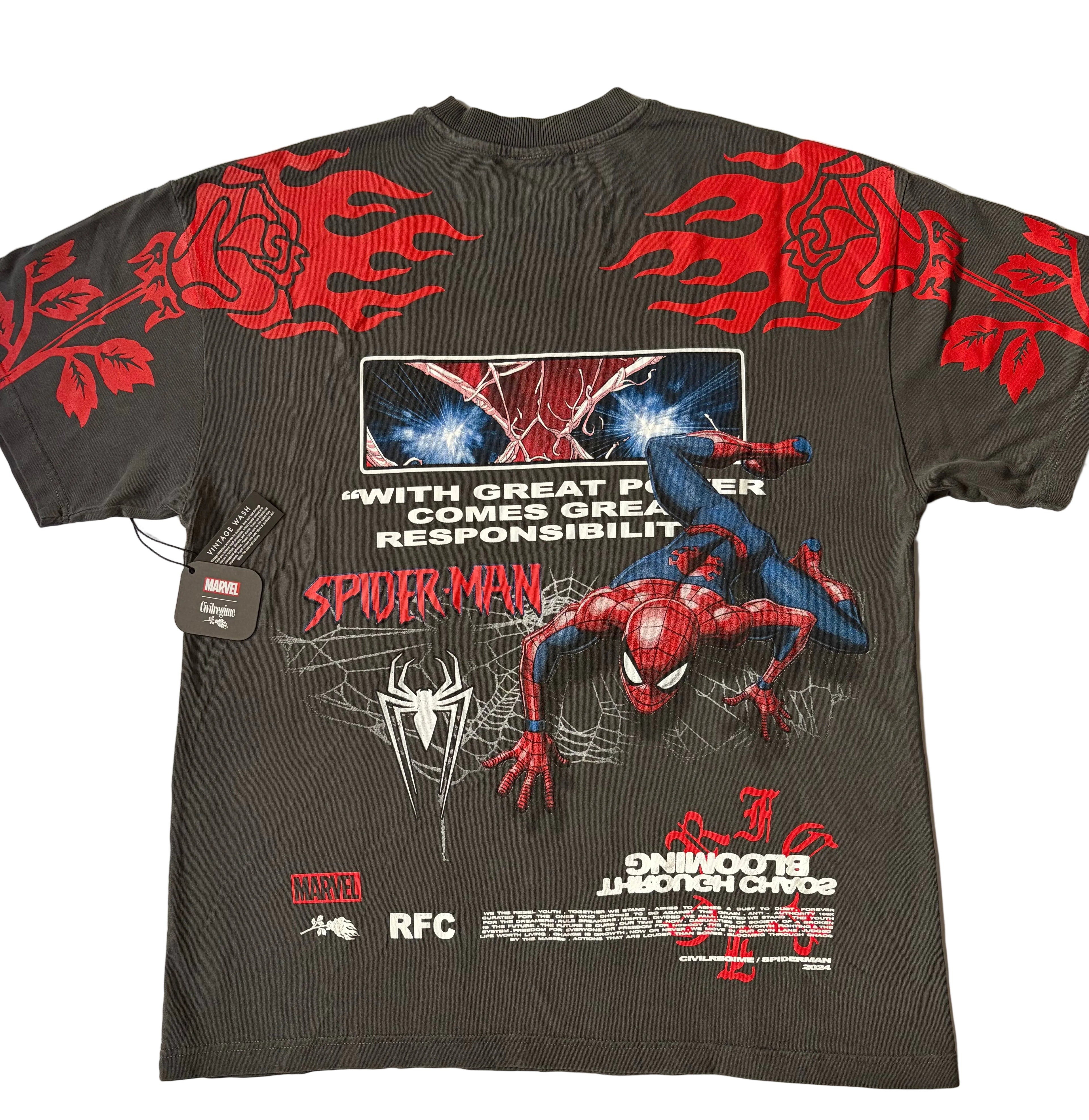 The back of a vintage black Civil Regime x Marvel Spider-Man graphic T-shirt featuring a large illustration of Spider-Man crawling forward on a spiderweb. Above the illustration is a rectangular graphic of Spider-Man's glowing blue eyes, accompanied by the white text quote, "WITH GREAT POWER COMES GREAT RESPONSIBILITY." Large red roses wrapped in flames stretch across the upper back and sleeves, while inverted white "BLOOMING THROUGH CHAOS" text sits near the bottom hem alongside Marvel, Civil Regime, and R