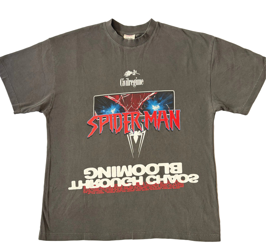 A vintage black Civil Regime x Marvel short sleeve graphic T-shirt featuring a central graphic print of Spider-Man's eyes. Above the artwork is a white Civil Regime logo with a rose icon, and below it is the word "SPIDER-MAN" in a bold, jagged red font layered over a white Spider-Man logo. The bottom features the inverted, white typography "BLOOMING THROUGH CHAOS" placed above a small block of red text.