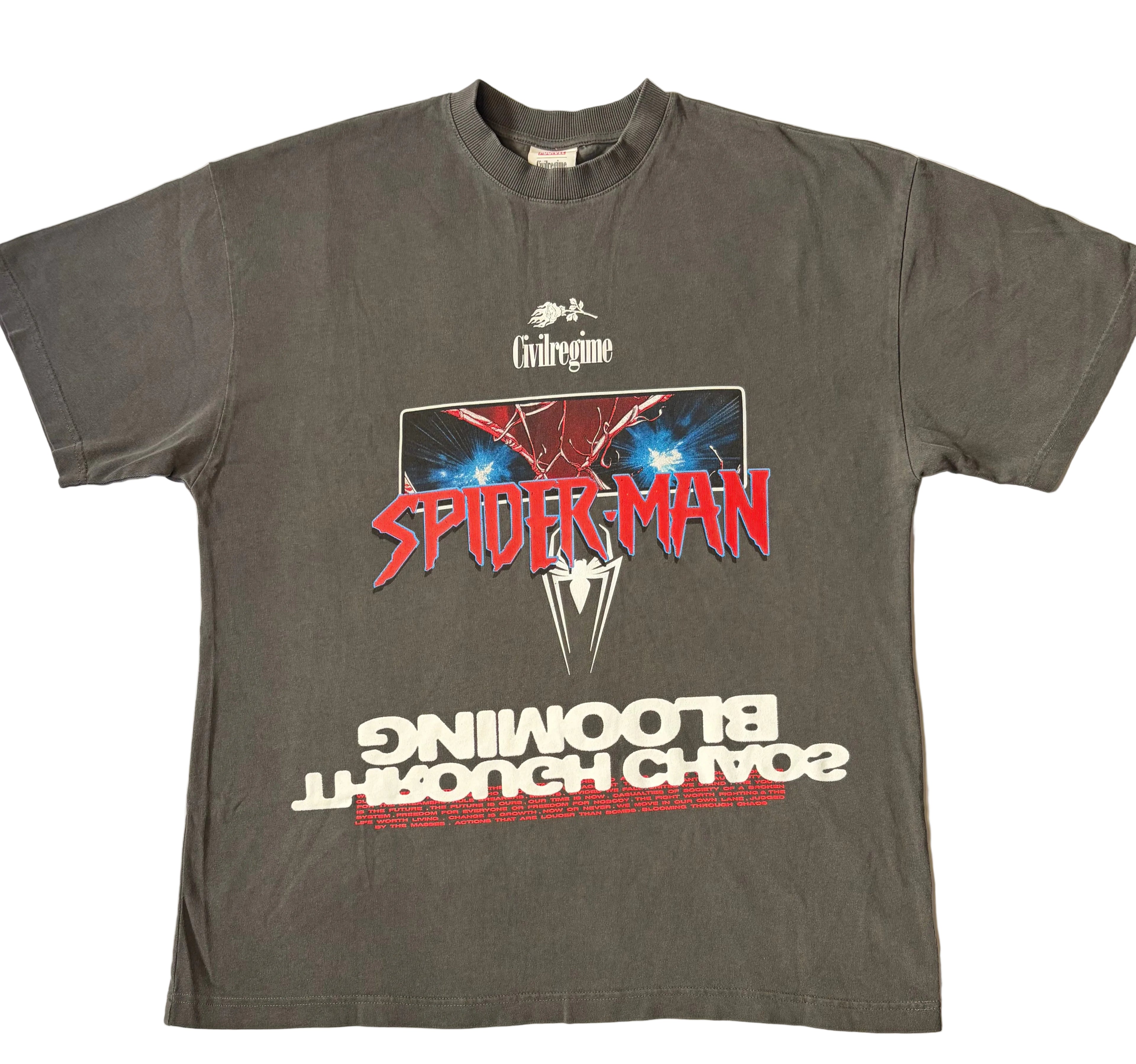 A vintage black Civil Regime x Marvel short sleeve graphic T-shirt featuring a central graphic print of Spider-Man's eyes. Above the artwork is a white Civil Regime logo with a rose icon, and below it is the word "SPIDER-MAN" in a bold, jagged red font layered over a white Spider-Man logo. The bottom features the inverted, white typography "BLOOMING THROUGH CHAOS" placed above a small block of red text.