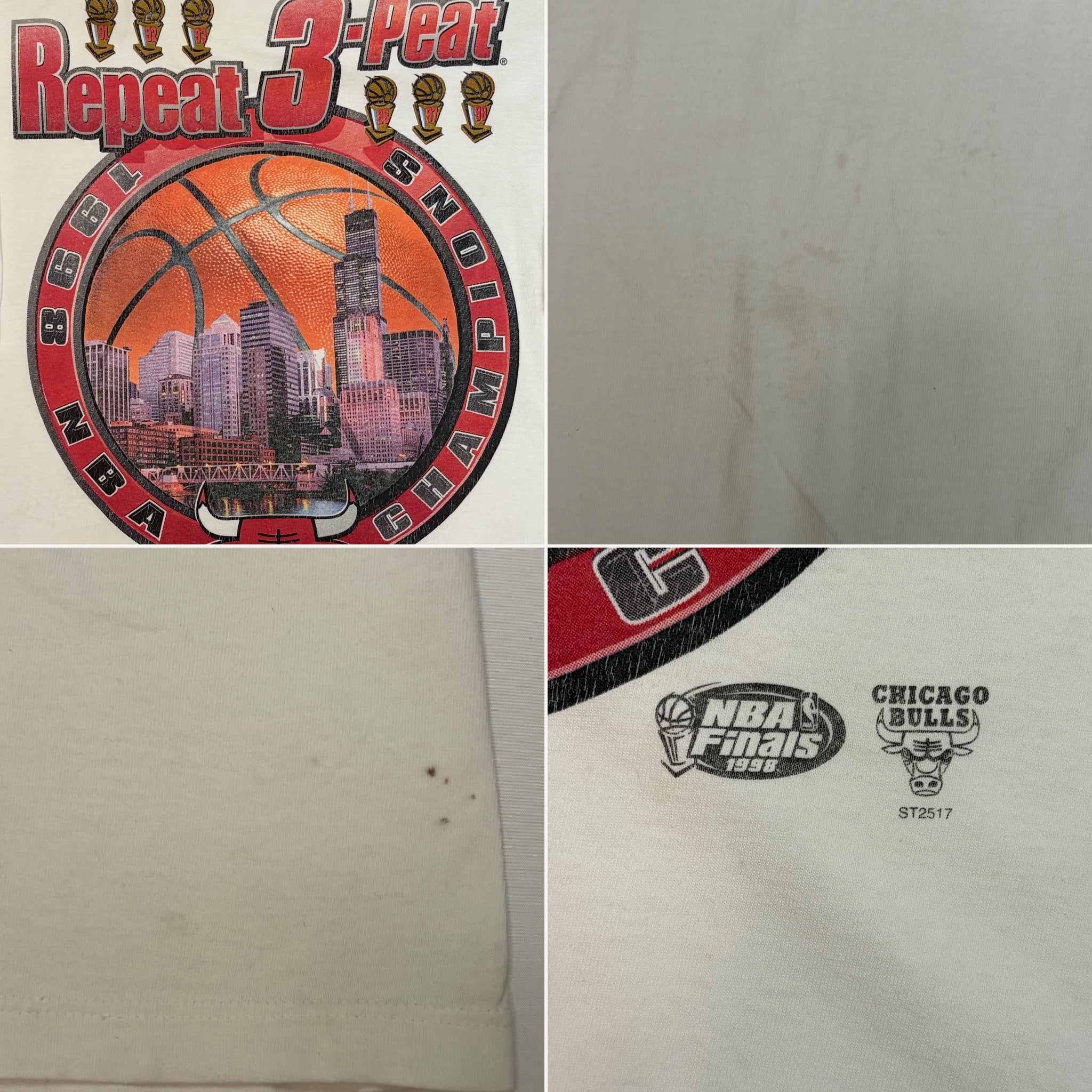 Vintage 1998 Chicago Bulls 'Repeat 3-Peat' Last Dance Championship T-Shirt - 2XL