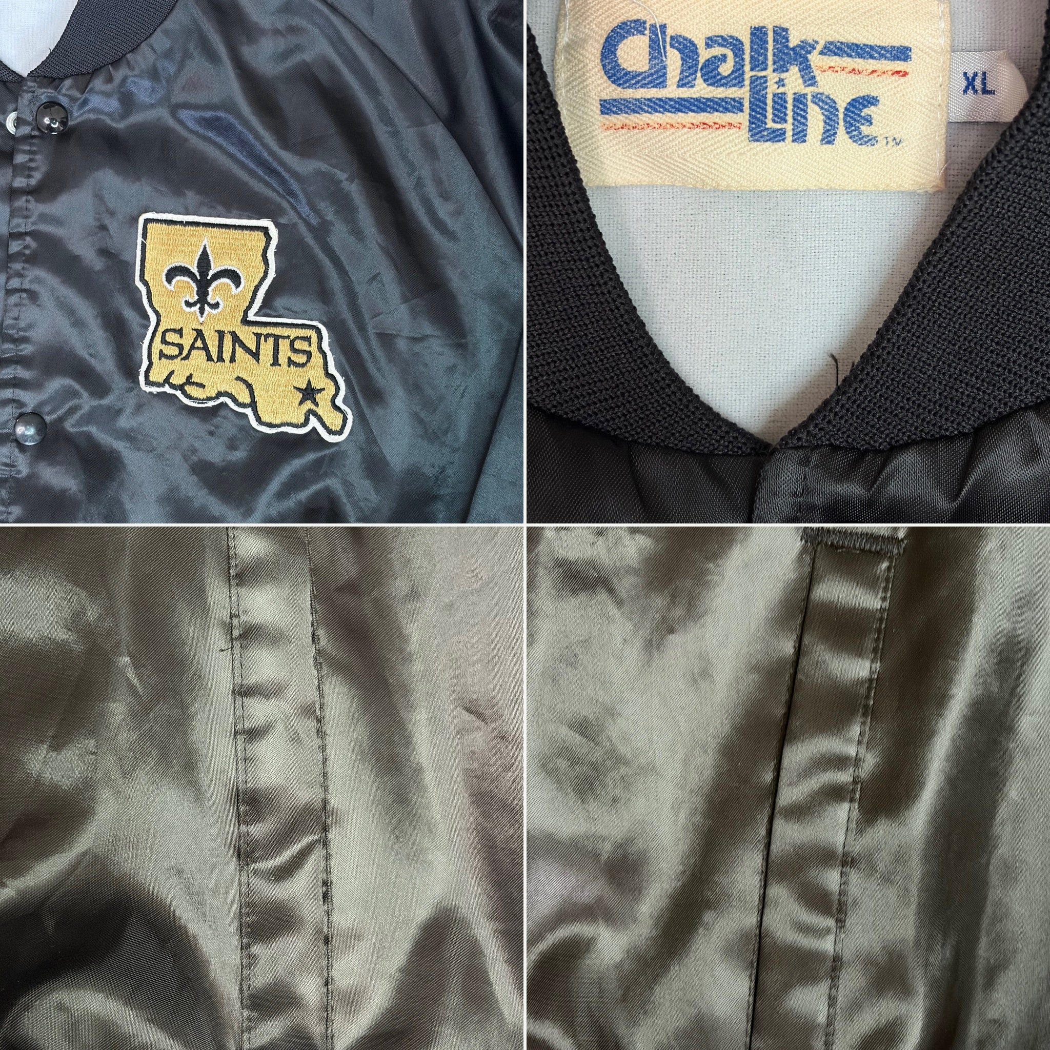 Vintage 80s New Orleans Saints Chalk Line State Patch Satin Jacket - Large