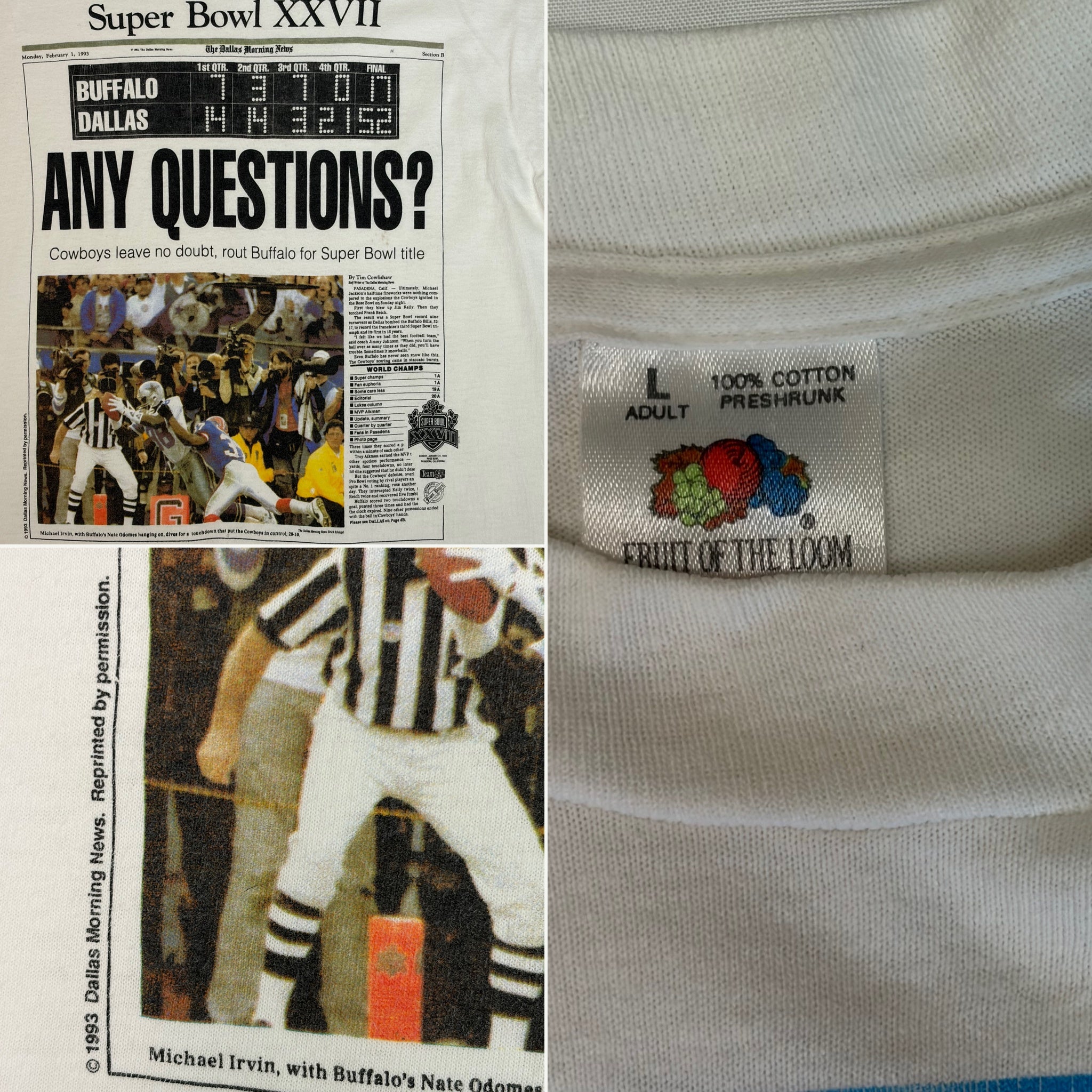Vintage 1993 Dallas Cowboys Super Bowl XXVII 'Any Questions?' Newspaper T-Shirt - L