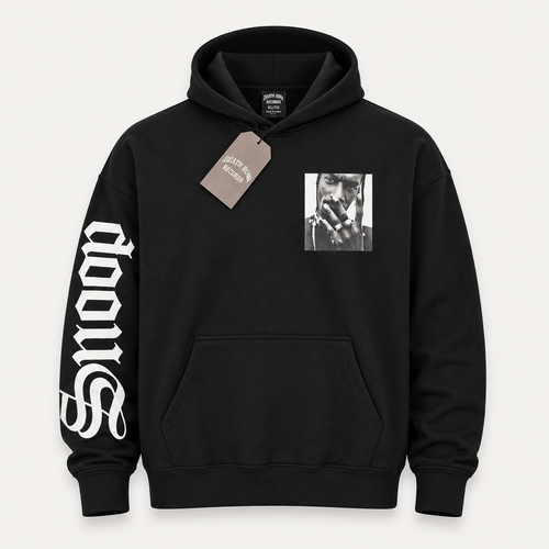 Death Row Records black pullover hoodie featuring a front Snoop Dogg portrait print and gothic font branding.