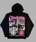Front view of an official Evil Vice unisex black graphic pullover hoodie featuring a large halftone eye collage, skull print, and hot pink cybersigilism text reading Come Find Your Vice.