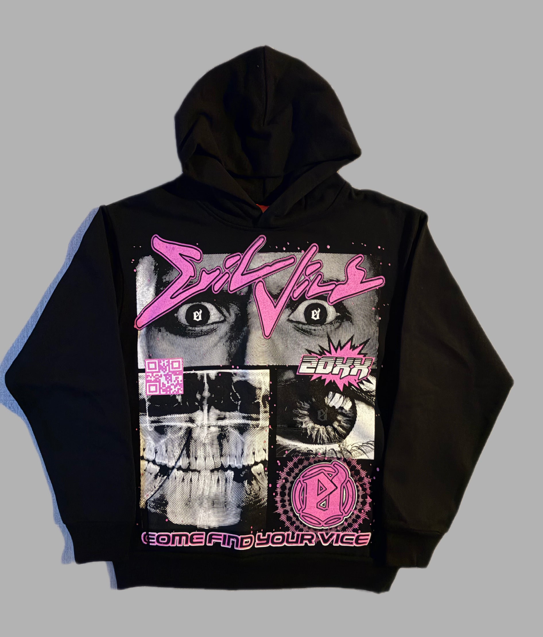 Front view of an official Evil Vice unisex black graphic pullover hoodie featuring a large halftone eye collage, skull print, and hot pink cybersigilism text reading Come Find Your Vice.