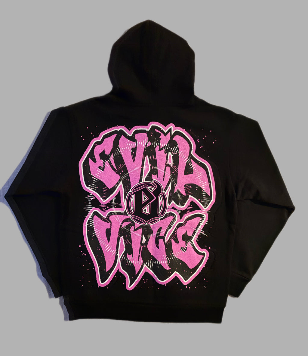 Back view of the black Evil Vice graphic pullover hoodie, featuring a large bubble graffiti-style logo in hot pink and black reading EVIL VICE with an ampersand in the center.