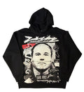 Front view of an authentic black EVIL VICE heavyweight pullover hoodie featuring a high-definition El Chapo newspaper cartel mugshot collage print on the torso.