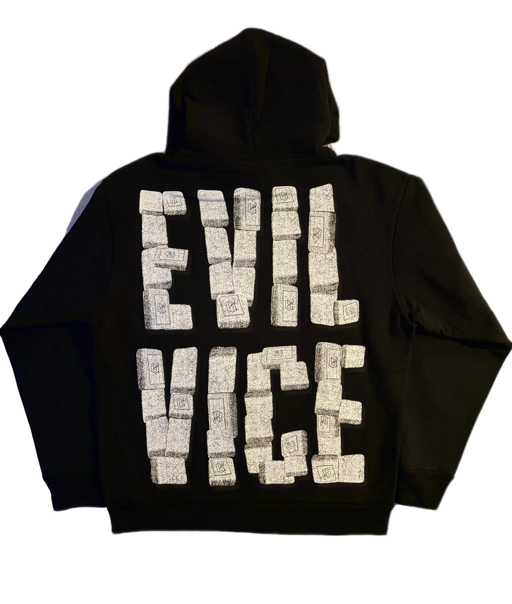Back view of the black EVIL VICE El Chapo pullover hoodie, showcasing a giant textured white logo block print filled with a distressed newspaper motif.