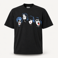 Official licensed KISS rock band black T-shirt featuring an illustrated graphic print of the four members in their iconic face paint styles.