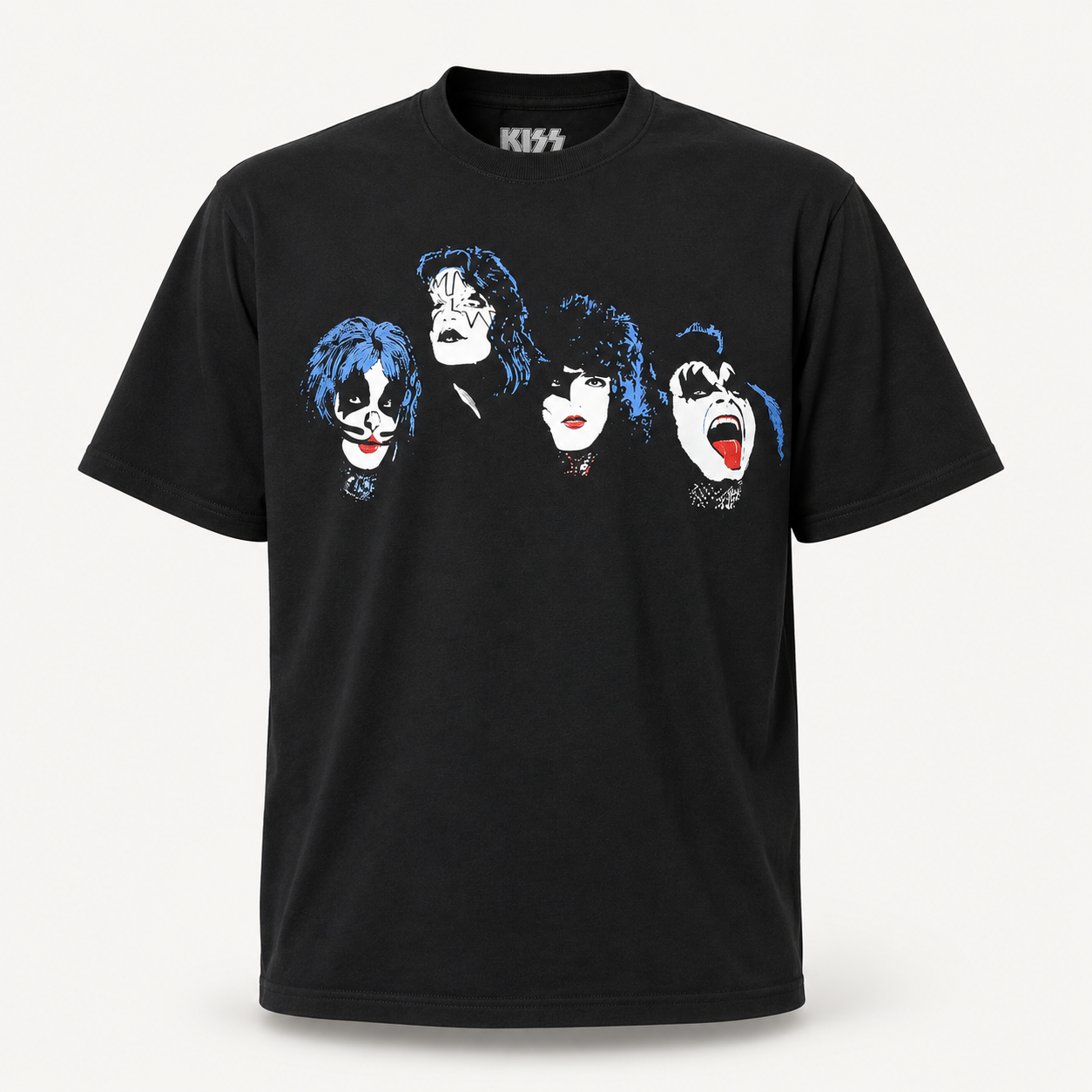 Official licensed KISS rock band black T-shirt featuring an illustrated graphic print of the four members in their iconic face paint styles.