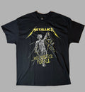 Front view of an official black Metallica unisex graphic t-shirt featuring the yellow band logo and the detailed Lady Justice artwork from the And Justice For All album.