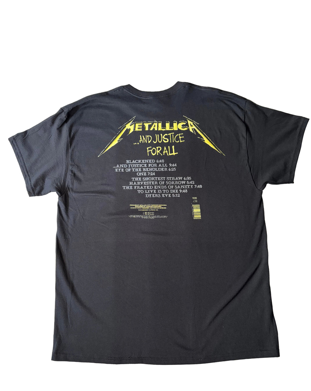 Back view of the Metallica And Justice For All graphic t-shirt showing the classic yellow logo and the 1988 album tracklist printed in white on a black shirt.