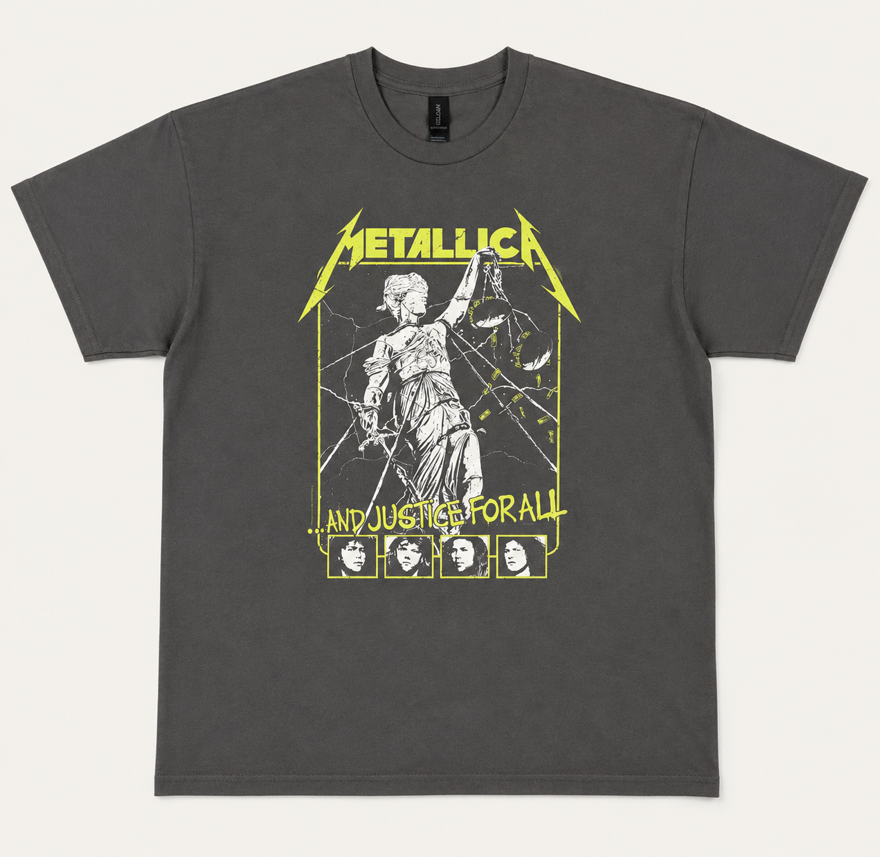Front flat lay view of an official licensed Metallica unisex short-sleeve graphic t-shirt in charcoal grey, featuring the classic yellow logo, Lady Justice artwork, and four band portraits from the 1988 And Justice For All album era.