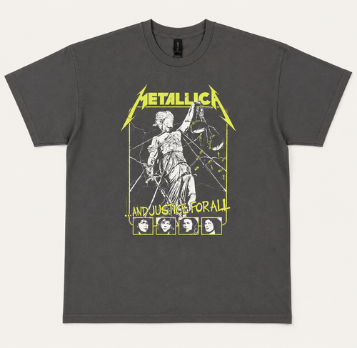 Front flat lay view of an official licensed Metallica unisex short-sleeve graphic t-shirt in charcoal grey, featuring the classic yellow logo, Lady Justice artwork, and four band portraits from the 1988 And Justice For All album era.
