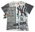 Mitchell & Ness New York Yankees White Jumbotron 2.0 all-over sublimation print T-shirt featuring a crowded multi-font collage of team logos, wordmarks, and typography.