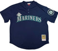 Mitchell & Ness Seattle Mariners Ken Griffey Jr. 1995 Hardwood Classics navy blue mesh batting practice jersey featuring a chest Mariners spellout and number 24 on the back.