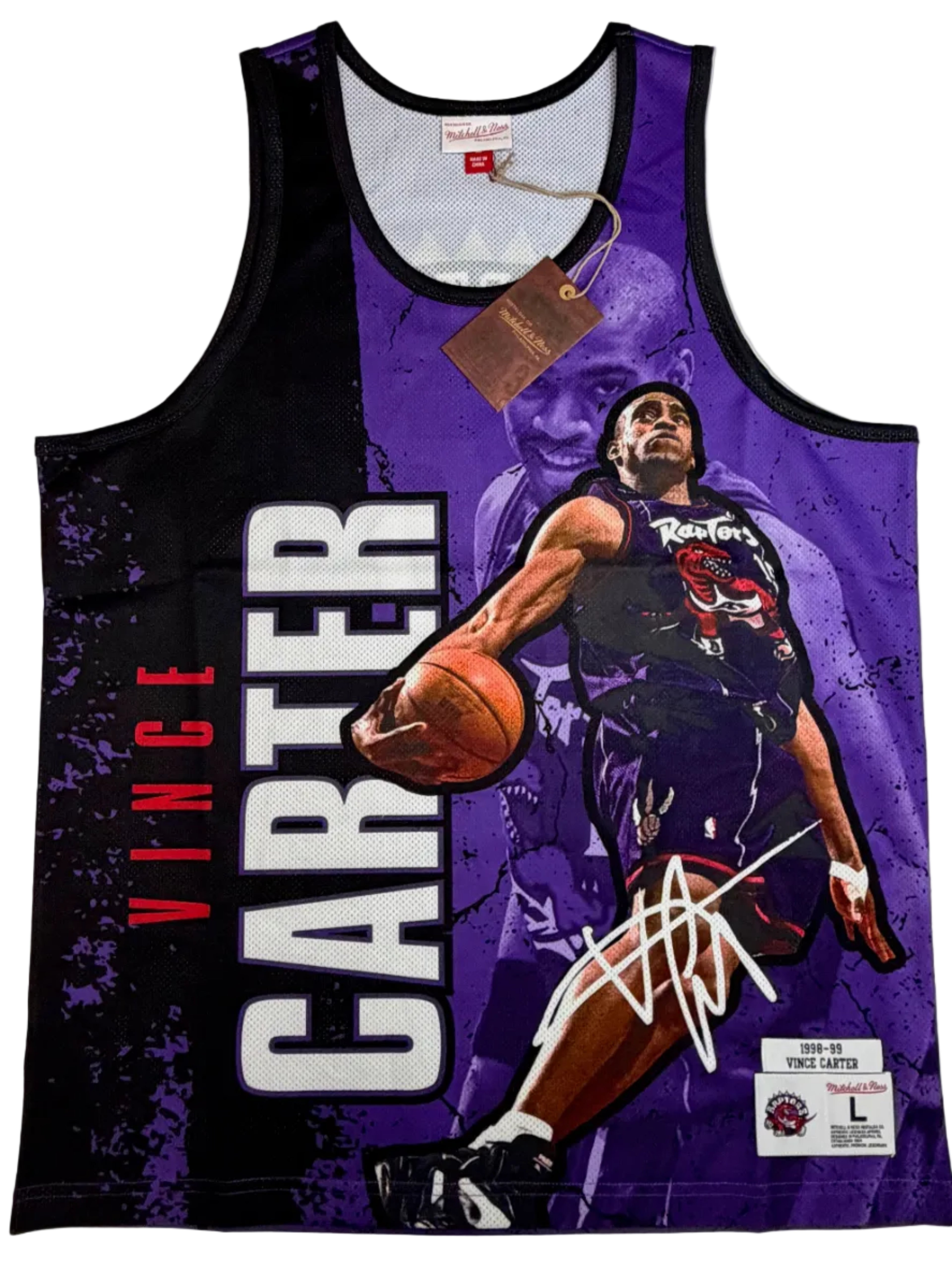 Mitchell & Ness Vince Carter Toronto Raptors 1998-99 Hardwood Classics purple sublimation print mesh tank top featuring a large player action graphic and number 15.