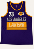 Modern Los Angeles Lakers purple jersey tank top featuring LeBron James number 23 and gold athletic trim piping.