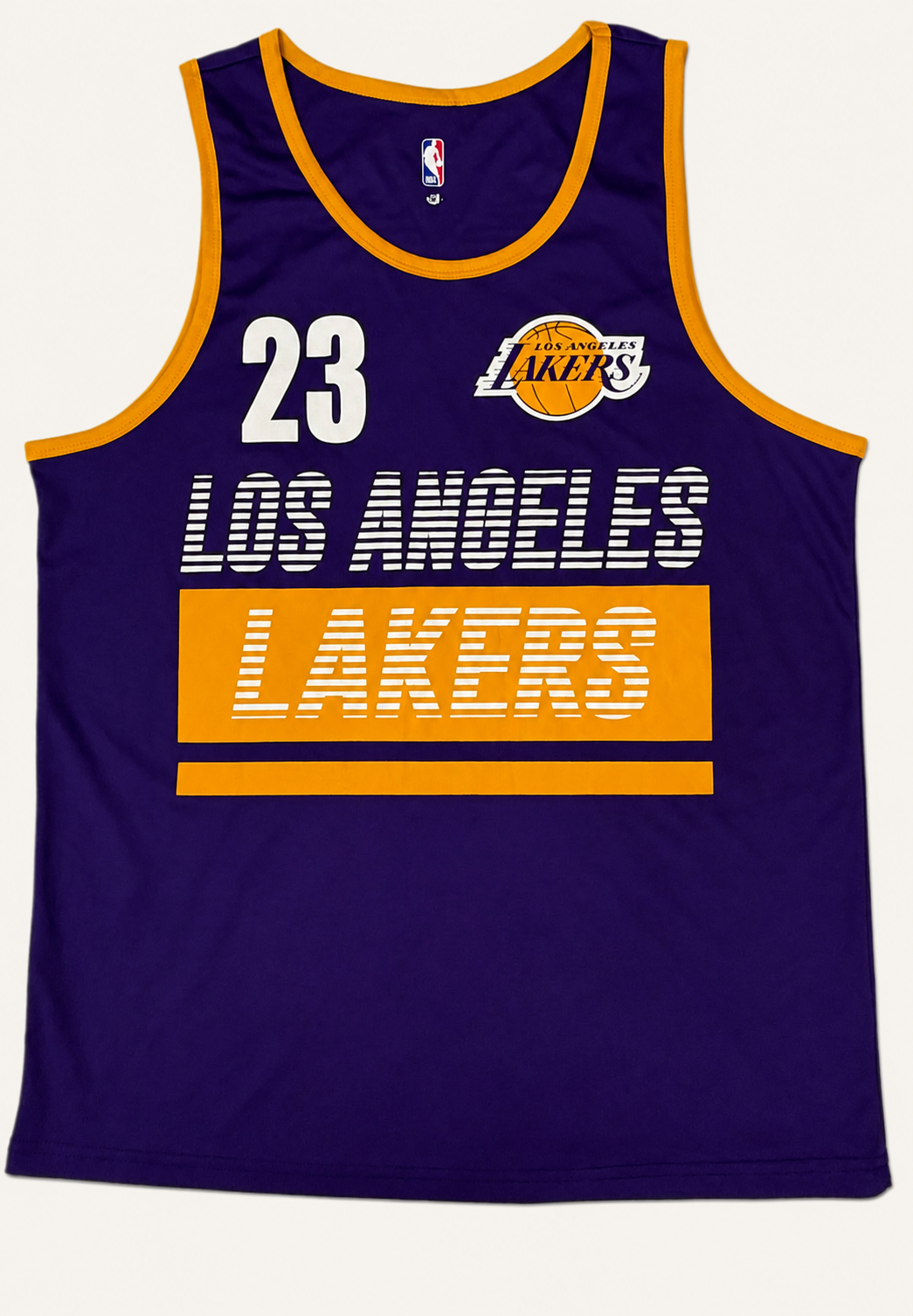 Modern Los Angeles Lakers purple jersey tank top featuring LeBron James number 23 and gold athletic trim piping.