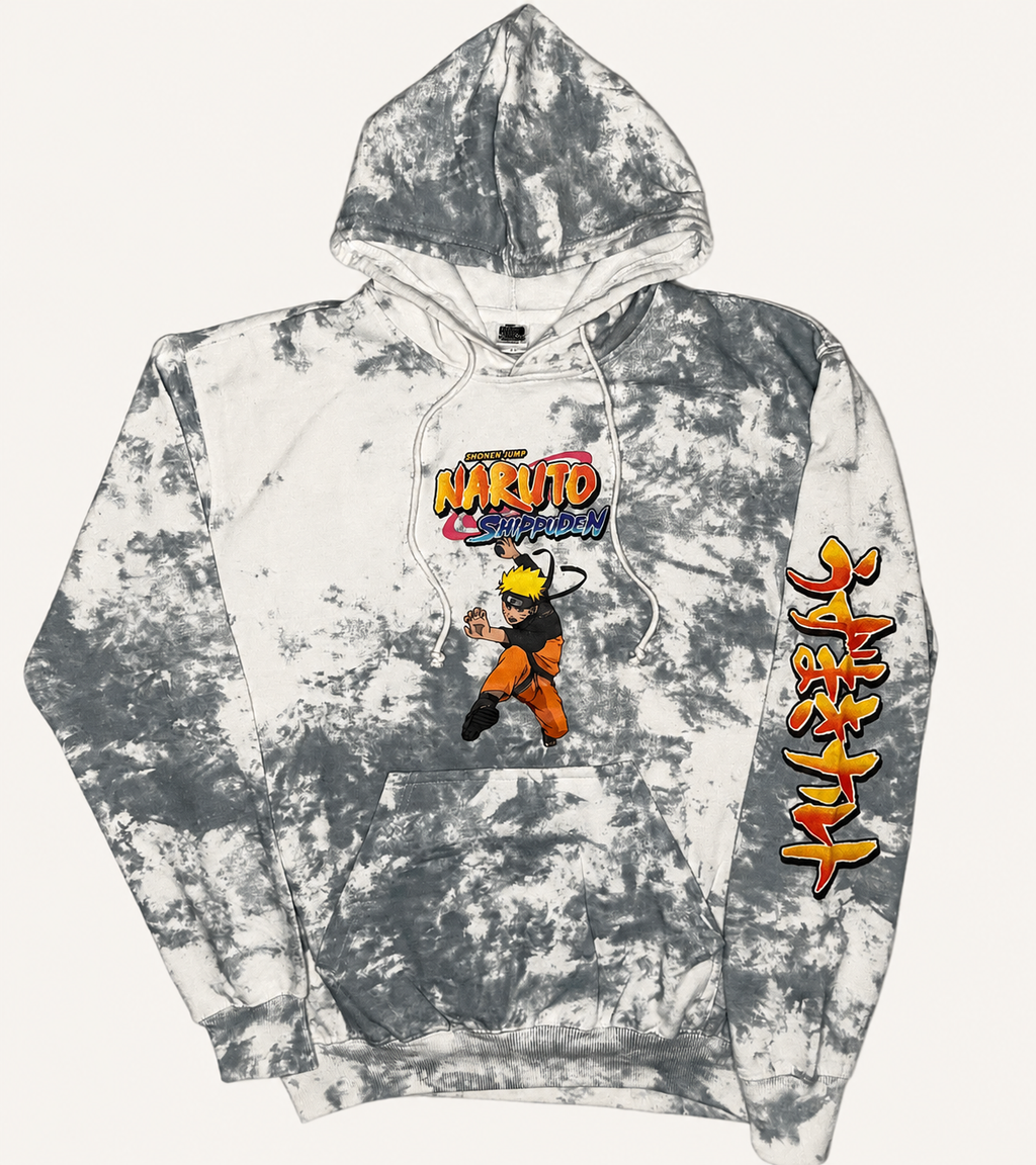 Official Naruto Shippuden light blue tie-dye pullover hoodie featuring a front graphic of Naruto Uzumaki and orange Japanese kanji on the sleeve.