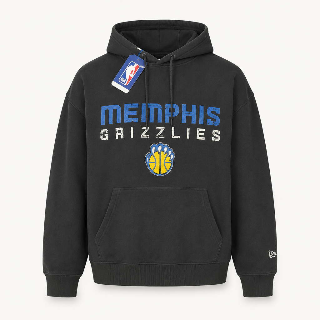 New Era Memphis Grizzlies black pullover hoodie featuring a Hardwood Classics distressed blue spellout logo and retro basketball graphic.