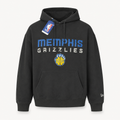 New Era Memphis Grizzlies black pullover hoodie featuring a Hardwood Classics distressed blue spellout logo and retro basketball graphic.