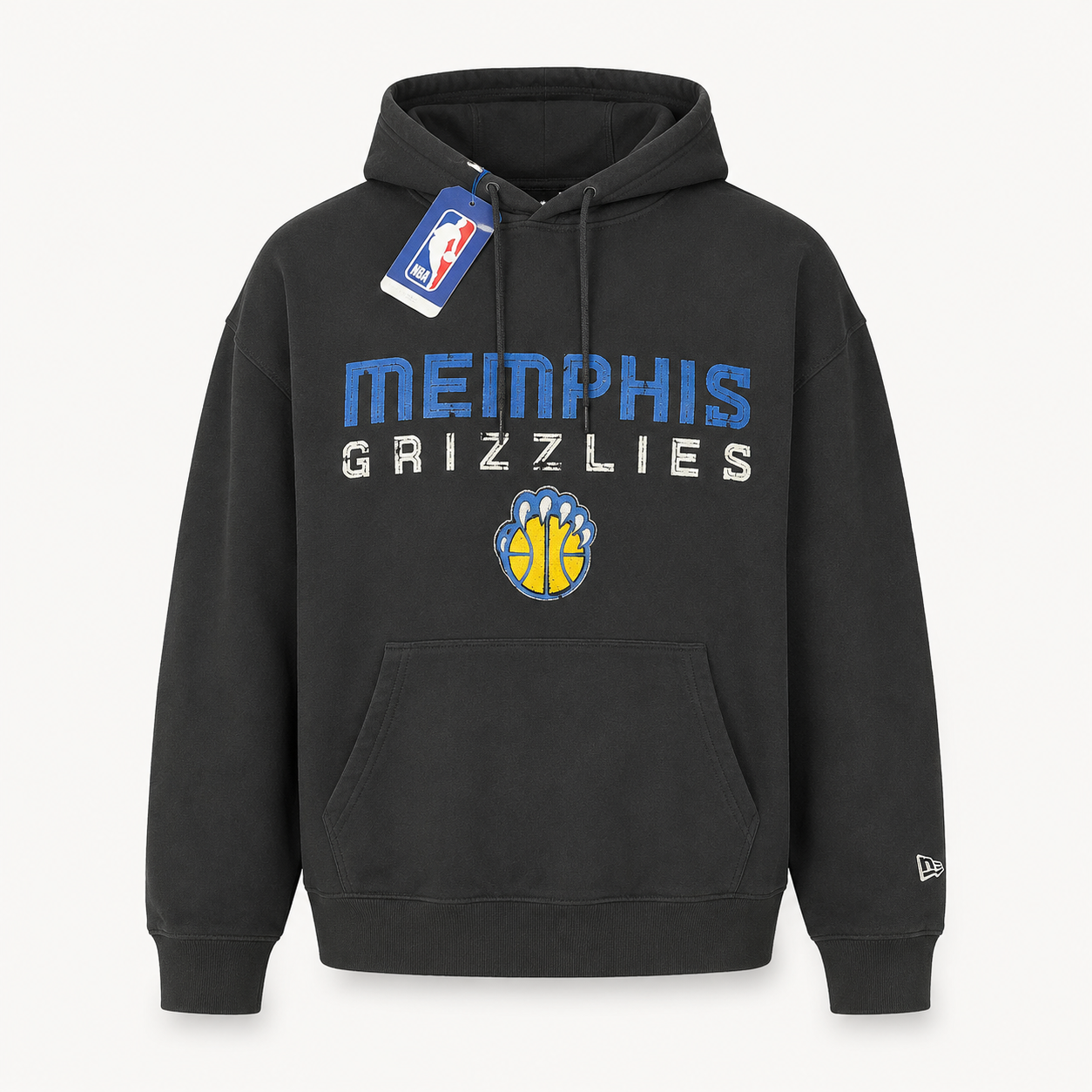 New Era Memphis Grizzlies black pullover hoodie featuring a Hardwood Classics distressed blue spellout logo and retro basketball graphic.