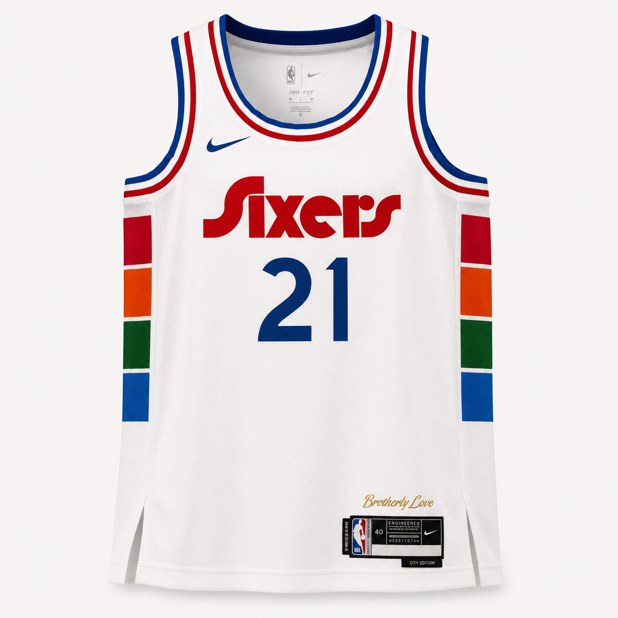 Nike Joel Embiid Philadelphia 76ers 2024/25 City Edition white Swingman jersey featuring red Sixers typography, number 21, and multi-colored Spectrum side stripes.