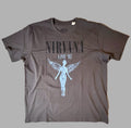 Front view of an official licensed Nirvana unisex short-sleeve graphic t-shirt in charcoal grey, featuring the classic In Utero winged anatomical angel design printed with Live 93 text.