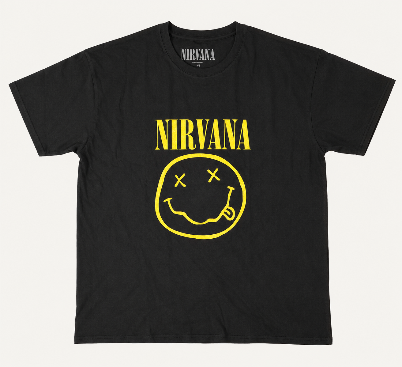 Front flat lay view of an official licensed Nirvana unisex black graphic t-shirt featuring the classic Kurt Cobain yellow smiley face logo and arched band spellout text.