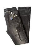 Stacked modern streetwear cargo jeans in a washed black charcoal denim finish. Features raw, frayed edge detailing, utility thigh pockets, a relaxed stacked leg silhouette, and original brand hang tags.
