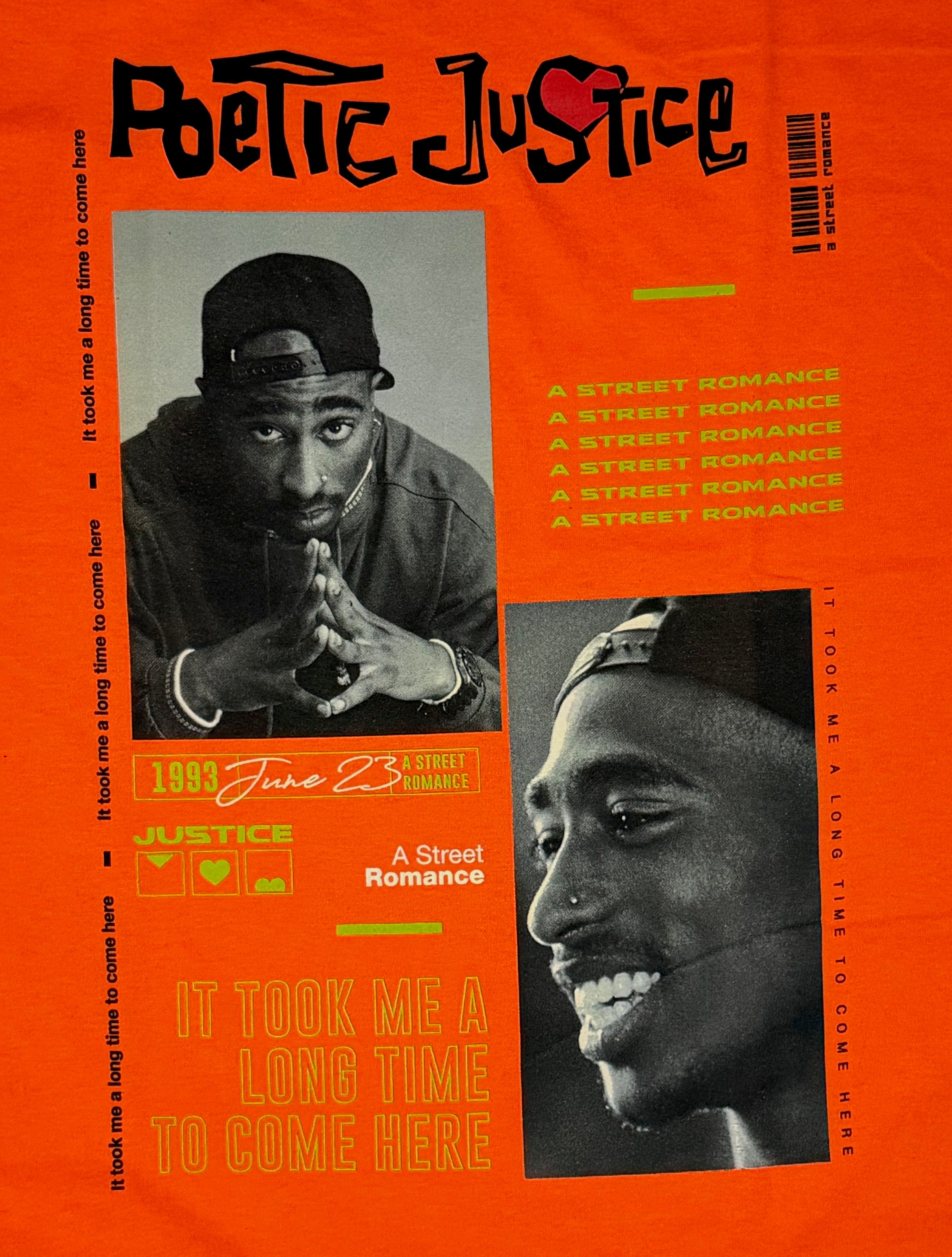 Official Tupac Shakur Poetic Justice bright orange T-shirt featuring a large high-contrast film poster graphic on the front.