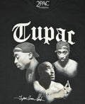 Tupac Shakur black graphic T-shirt featuring a white gothic font logo over a triple portrait print on the front.
