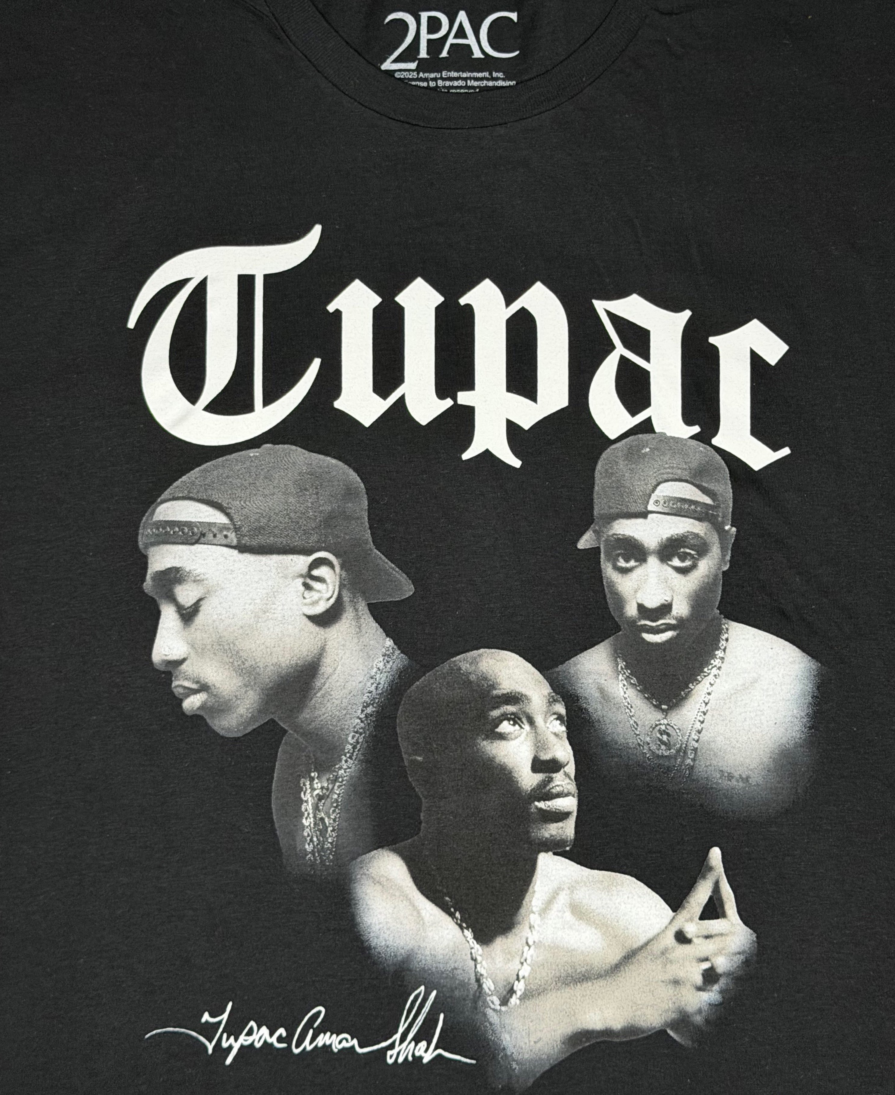Tupac Shakur black graphic T-shirt featuring a white gothic font logo over a triple portrait print on the front.