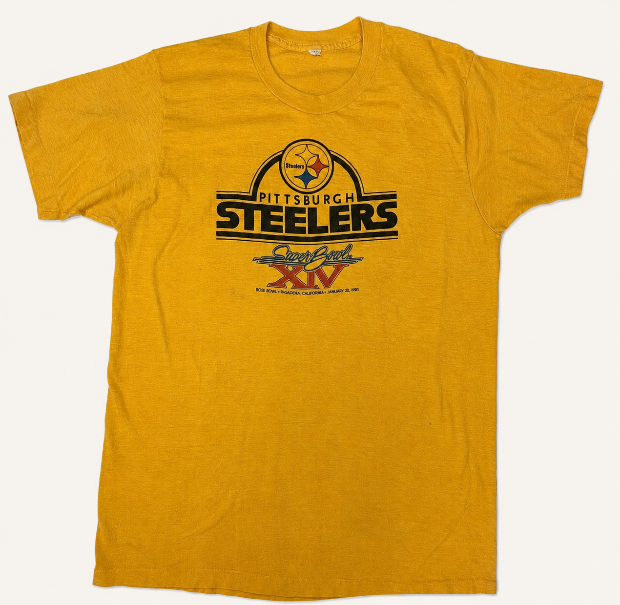 Vintage 1980 Pittsburgh Steelers gold T-shirt featuring a multi-layered championship center chest graphic with the hyper-cycloid logo and cursive Super Bowl XIV typography.