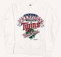 Vintage 1987 Minnesota Twins white crewneck sweatshirt featuring a multi-colored World Series Champions center chest screenprint.