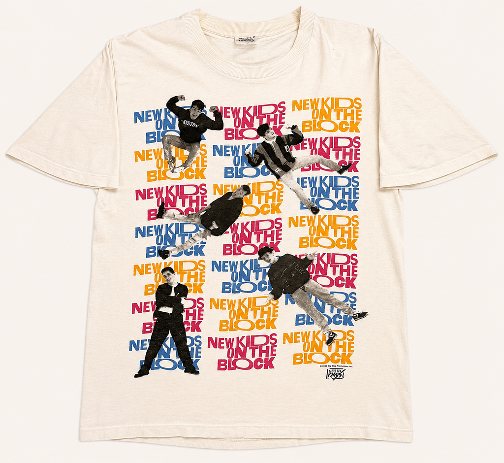 Vintage 1989 New Kids on the Block cream promo T-shirt featuring an all-over multi-photo boy band graphic.