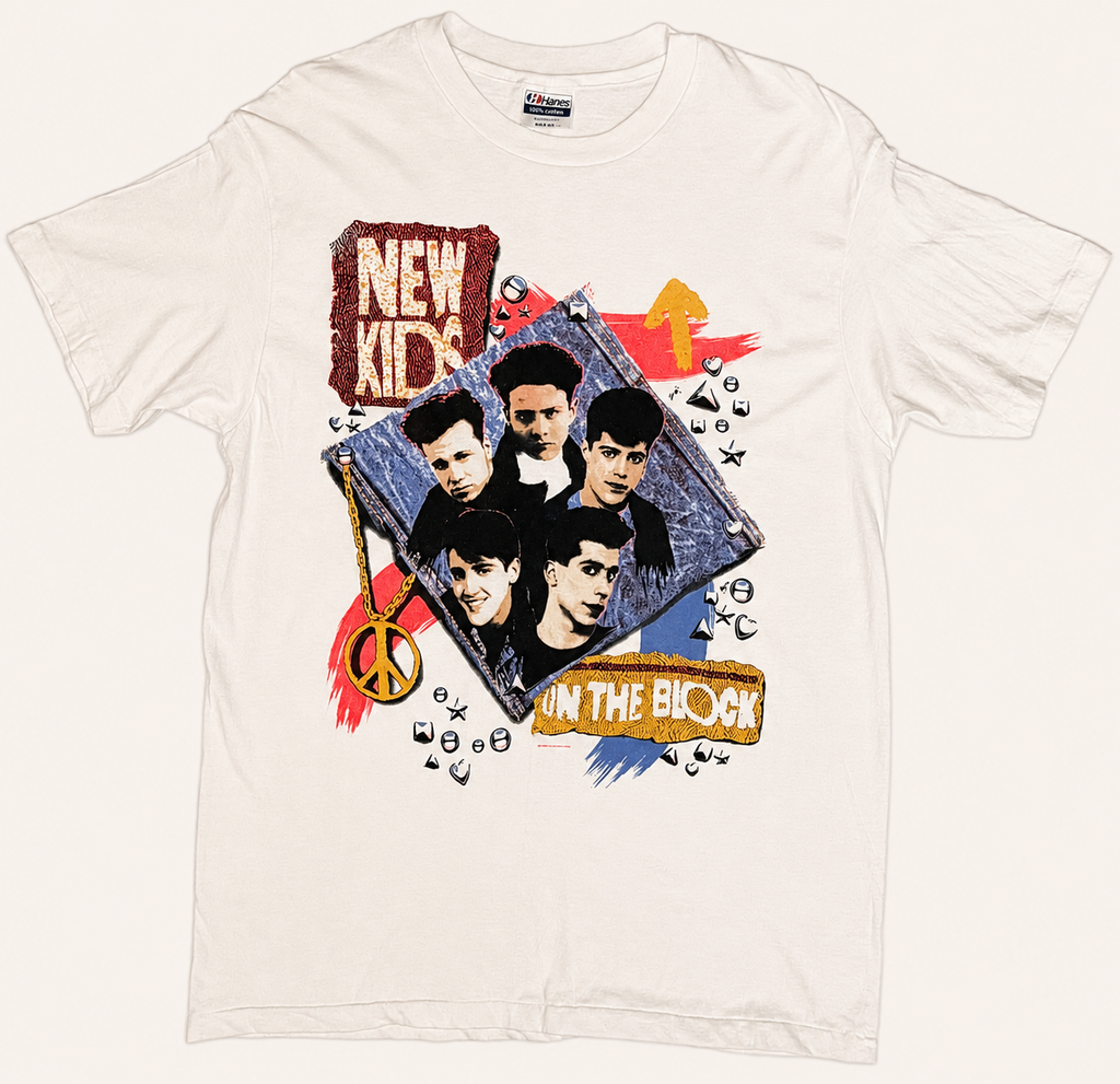 Vintage 1990 New Kids on the Block white T-shirt featuring a Step by Step album era graphic montage and unique gold puffy paint detailing.